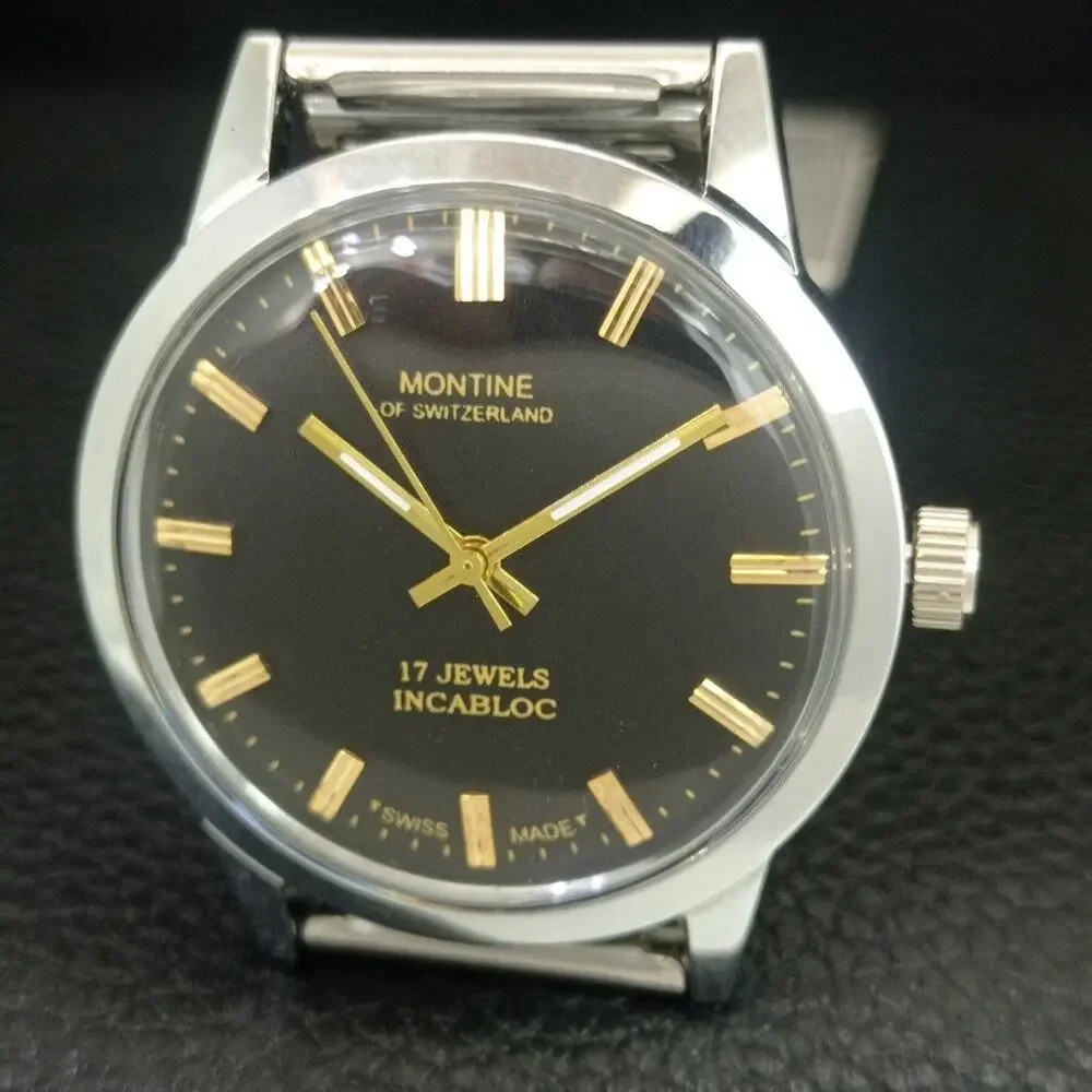 Vintage 1976 Montine Of Switzerland  Manual Mens Silver Watch W/Steel Strap